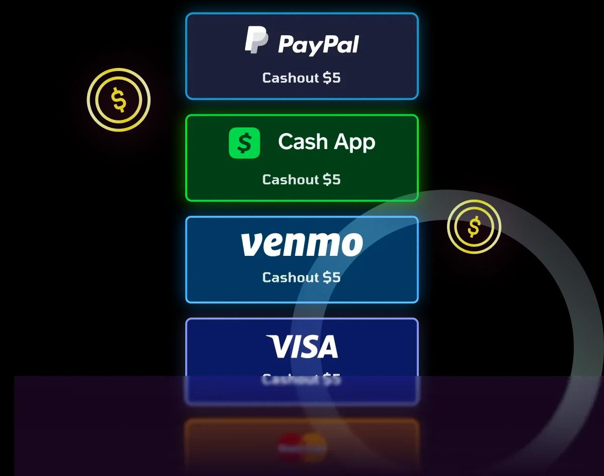 Cashout chips showing PayPal, Cash App, Venmo and Visa payouts