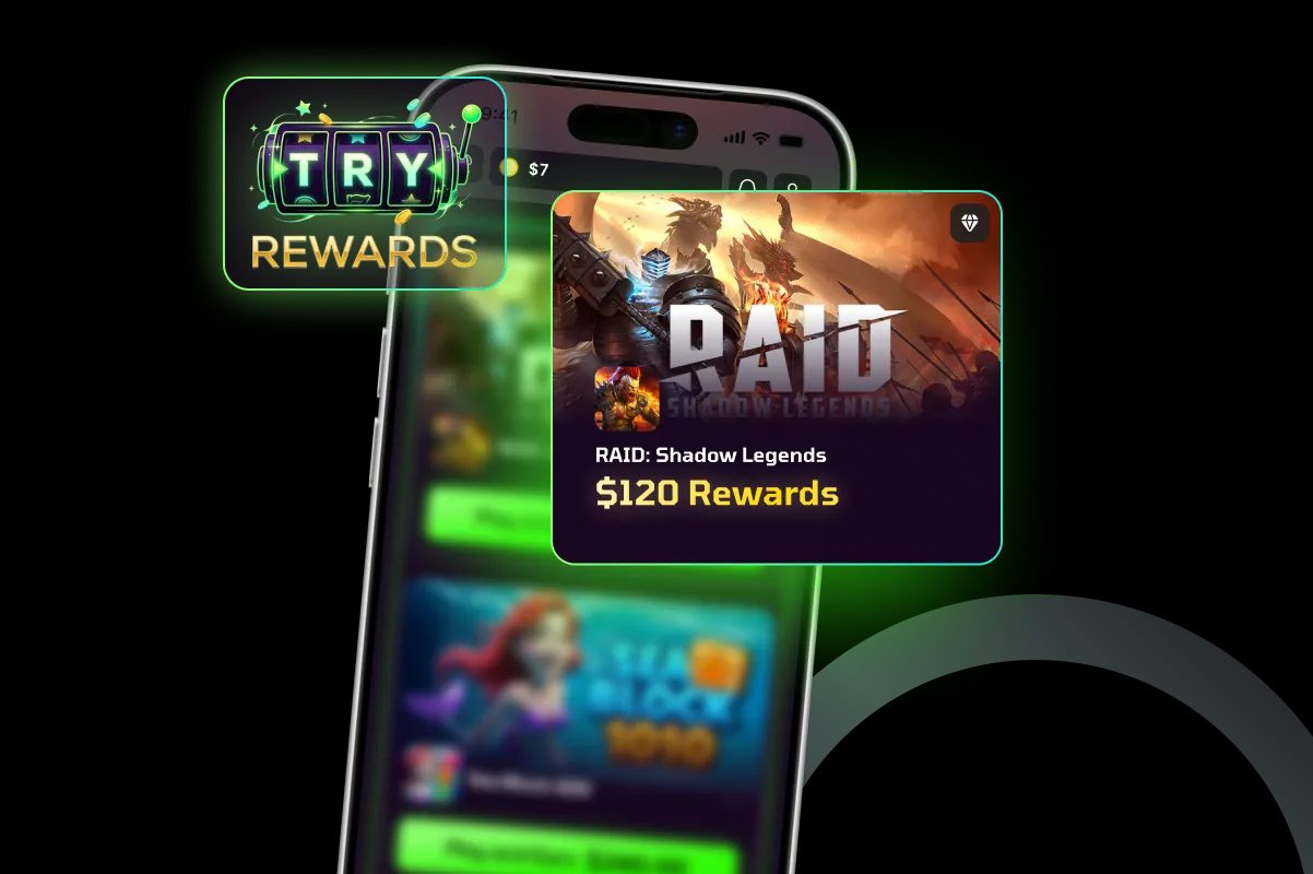 TryRewards app screen showing RAID: Shadow Legends install offer