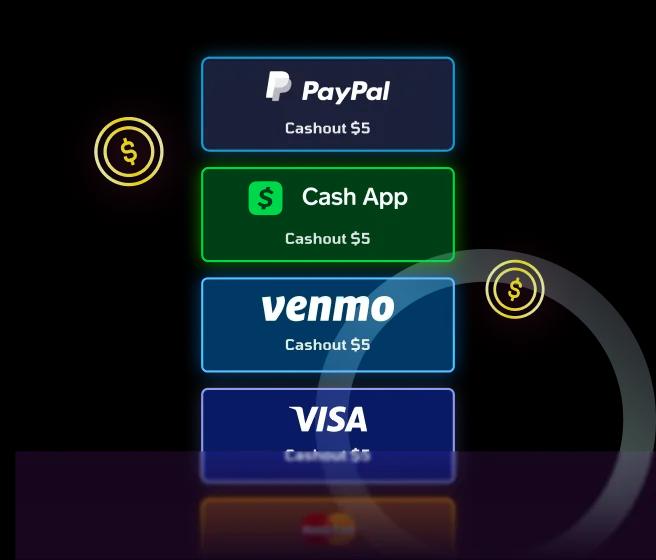 Cashout chips showing PayPal, Cash App, Venmo and Visa payouts